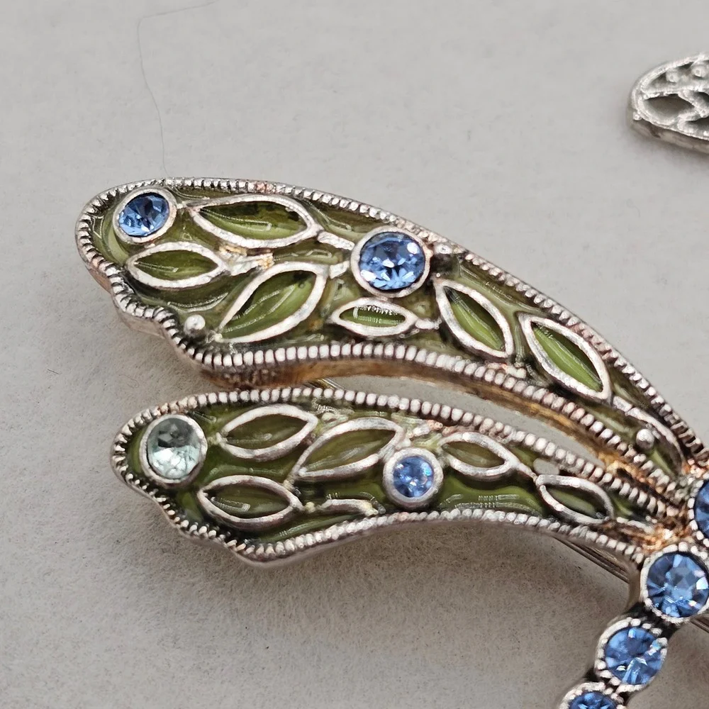 Dragonfly Brooch Pin Set 2pc Silver Tone Blue Green Rhinestone Enamel Pastels